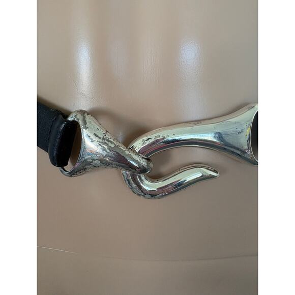 Vintage Black Leather Belt Sculptural Silver Hook Buckle Minimalist Waist Belt - Picture 3 of 5